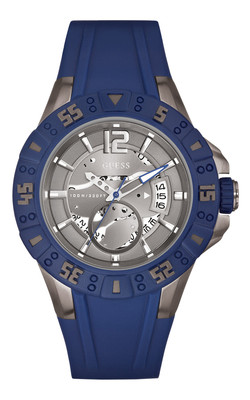 GUESS W0034G6 Montre Hommes Magnum - Souple Bracelet en Silicone Bleu