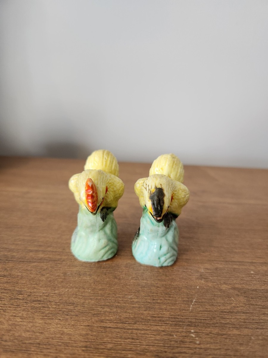 A Pair of Vintage Chinese Yellow Glazed Hand Painted Porcelain Hen