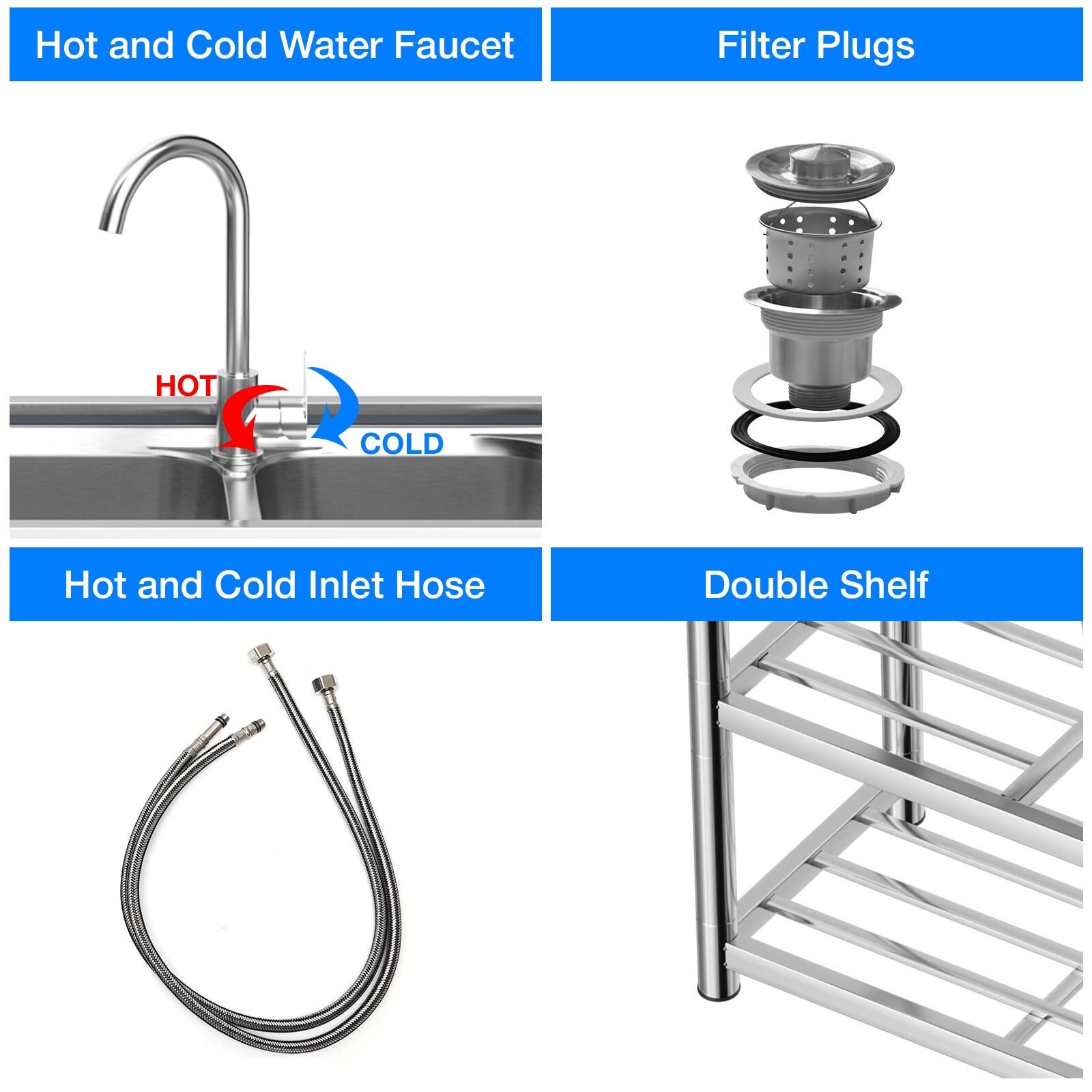 Double Sink FreeStanding Stainless Steel Basin Commercial Kitchen Sink Set 615870049396 eBay