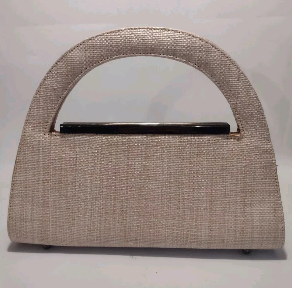 Bolso de mano vintage con tapa de paja beige y rosa pálido con detalles plateados Foto 3 de 4