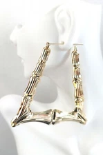 LARGE BAMBOO EARRINGS GOLD TONE HOOP EARRINGS 3.5 INCH TRIANGLE BAMBOO