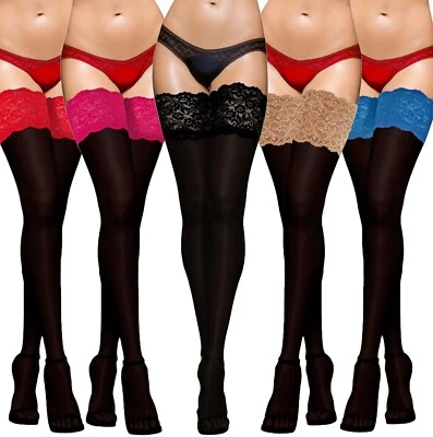 JUST BEAUTY TOUCH Opaque Hold ups 100 Denier 15cm Deep Lace Top New Size S - 4XL