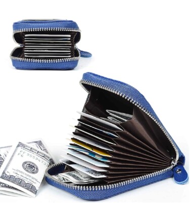 Genuine Leather RFID Wallet Slim Zipper Card Holder Minimalist Men Front Pocke