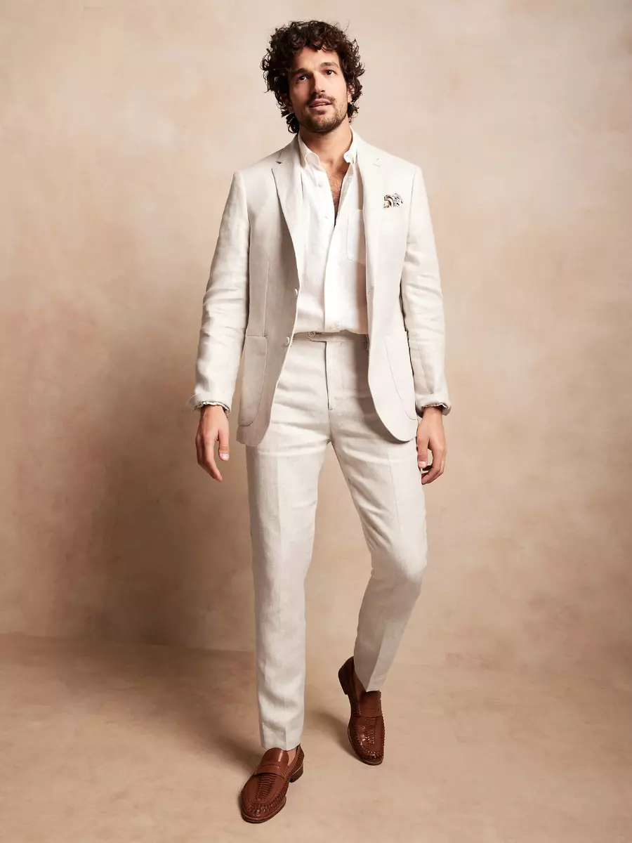 Men Linen Suit 2 Piece Leisure Prom Party Tuxedo Summer Beach Casual Suit  Custom