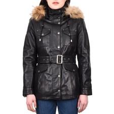 Women's Winter Warm Sheep Nappa Leather Hood Parka Jacket Black Dr225