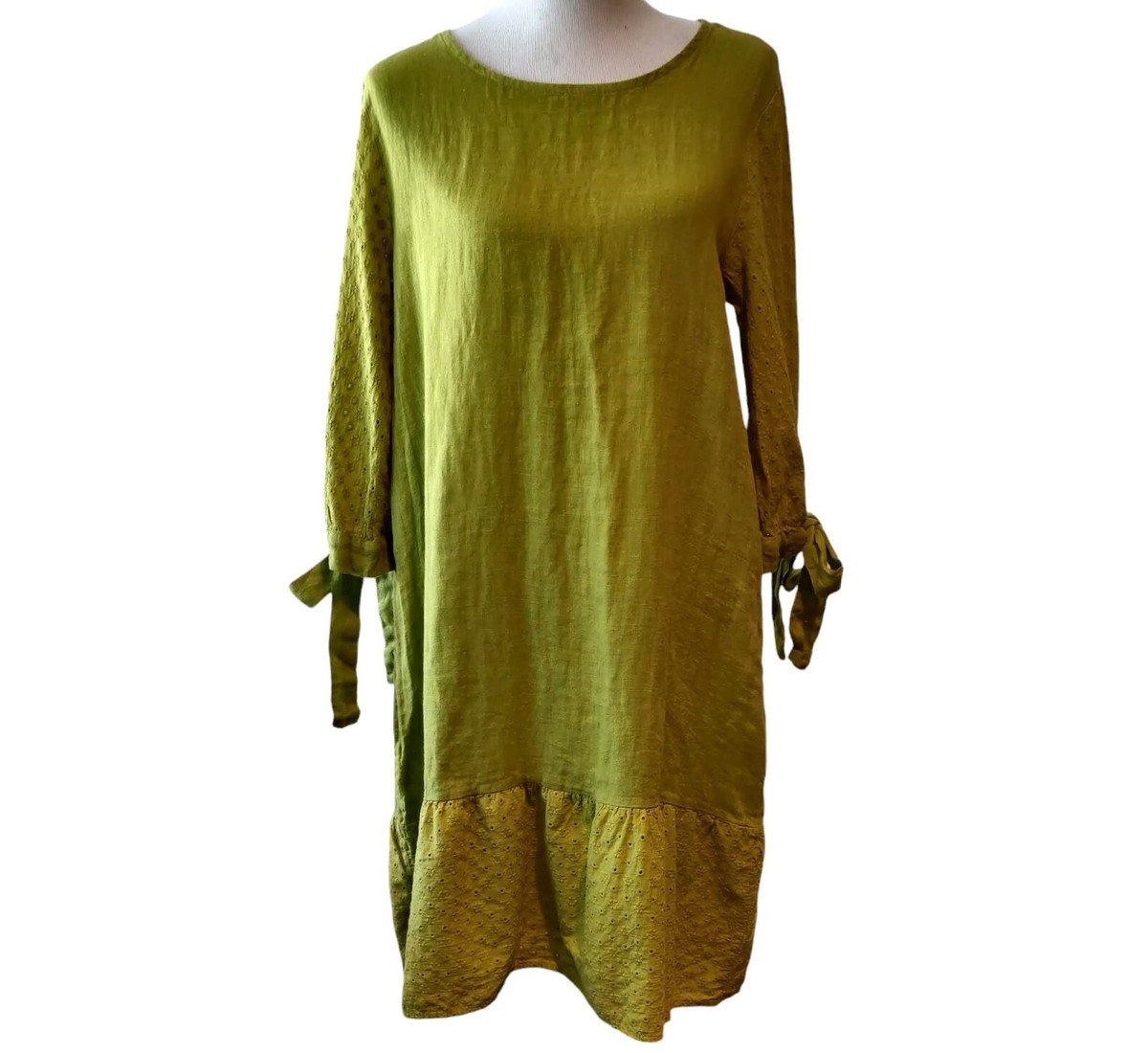 Francesca Bettini Womens NWT Size L Avocado Green 100% Linen Eyelet Shift  Dress