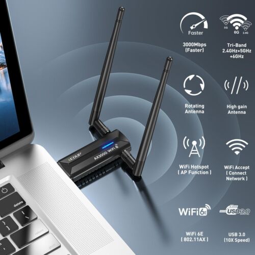 Tri-Band 2.4GHz | 5GHz | 6GHz USB 3.0 Wireless WiFi 6E Adapter Dual 5dBi Antenna - 第 1/9 張圖片