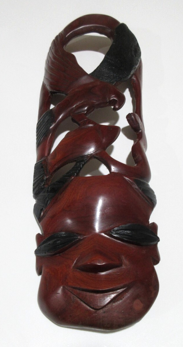 16" Hand Carved African Tribal Mask Ebony Wood Eagle Hunting Fish Snake Original
