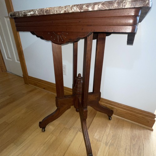 Eastlake Victorian Wood Marble Top Parlor Side Table Spoon Carvings 1880’s - Picture 6 of 21