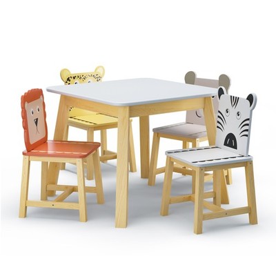 5 Piece Kiddy Table and Chair Set Kids Wood Table 4 Chairs Set Cartoon Animals