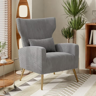 Modern Accent Upholstered Velvet Fabric Reading Chair Mid-Century Armchair Gray