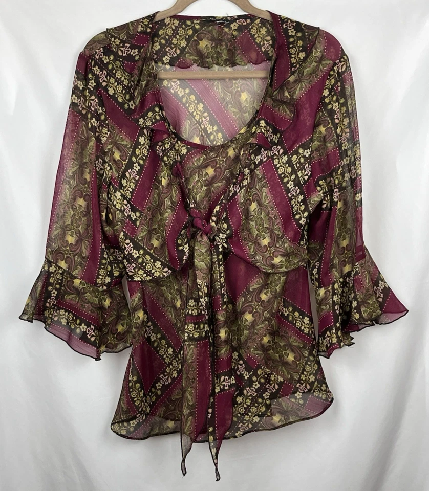 Blusa Retro Fluida Hada Corbata Frontal Volantes Manga Campana Floral Cachemira Granate Foto 3 de 4