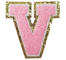 3-pcs Iron On Letter Patches V -Gold Glitter Pink Chenille Varsity Initial Patch