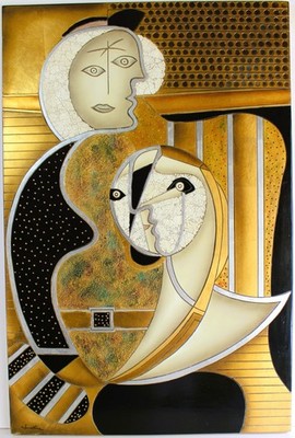 VINTAGE MIXED MEDIA PAINTING PANEL SIGNED INSPIRED PICASSO CUBIST ABSTRACT FACES