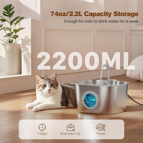 Fontana Acqua per Gatti in Acciaio Inox 3,2L Pet Potabile Fontana Dispenser per Gatti - Foto 6 di 9