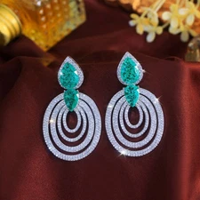 Women Silver Plated Long Round Dangle Green Drop Earrings Zircon Wedding Jewelry