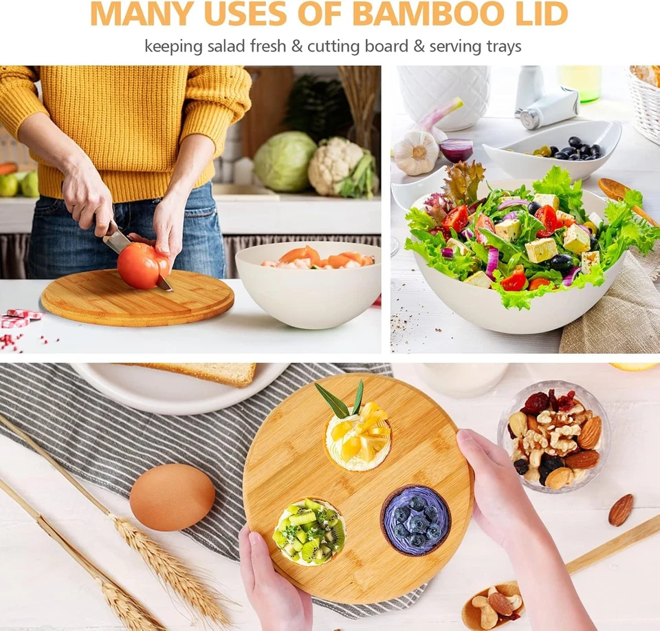 Ensaladera con Tapa, Juego de 3 Cuencos para Servir Fibra de Bambú Natural con Tapas de Madera Foto 4 de 4