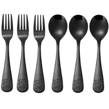 Kids Silverware Set 6 Pieces Stainless Steel Metal Utensils Engraved Bear Black