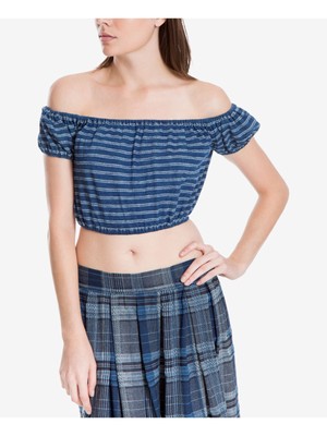 MAX STUDIO Womens Blue Striped Short Sleeve Off Shoulder Crop Top Size: XS