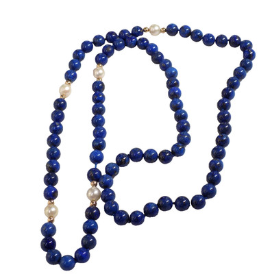 Vintage 18K Gold Perlen Lapislazuli Halskette weiße Perlen durchgehender Strang 29''