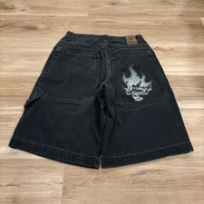 Vintage 90s Black Flaming Skull Jnco Jorts Size 29 Measurements Shown