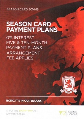 2014/15 MIDDLESBROUGH FC DAUERKARTE ZAHLUNGSPLAN A5 4-SEITIGES BOOKLET SELTEN NEUWERTIG*