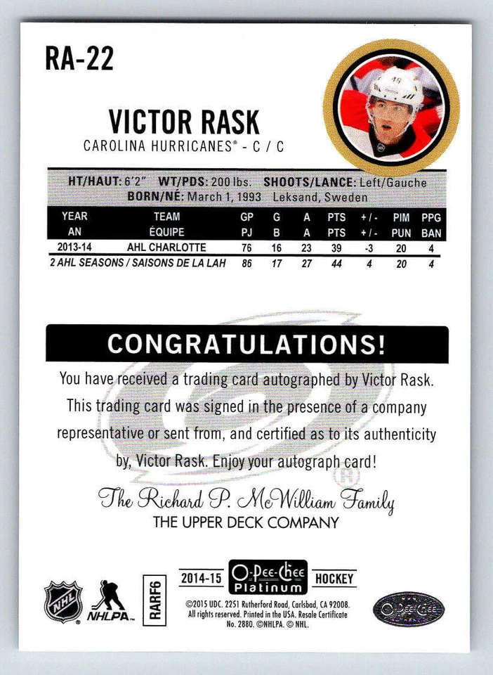 2014-15 O-Pee-Chee Platinum Rookie AUTO #RA22 Victor Rask (ref 194965) - Image 2 of 2