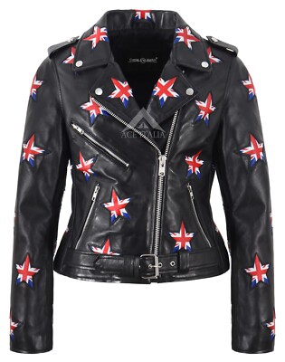 Women's Brando Style Biker Leather Jacket With British Flag Star