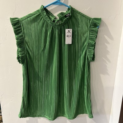 Express Ribbed Mock Neck Flutter Sleeve Top Large Green Mist NWT