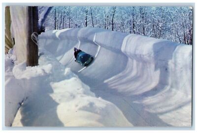 Two Man Sled Zooming Down Bob Run Winter Snow Lake Placid New York NY Postcard