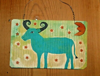 Rusty Junk Metal Blue Bull Moon & Stars Outsider Origional Art by DELEREE