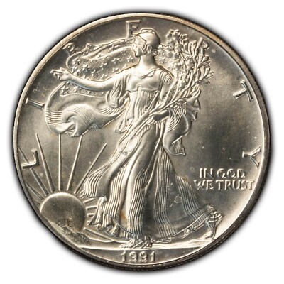 1991レインボートーンシルバーアメリカンイーグル 1991 1 oz American Silver Eagle - Mint Error - Struck Thru - SKU