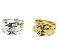 Art Deco Face Ring Set  Gold Silver Plated Steel Multi Stack Smile Band Abstract
