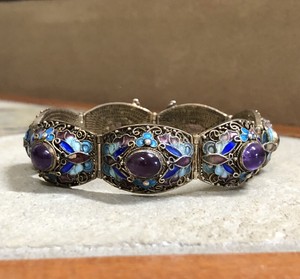 Antique Chinese Export Gold Gilt Silver Enamel Amethyst Link Bangle Bracelet