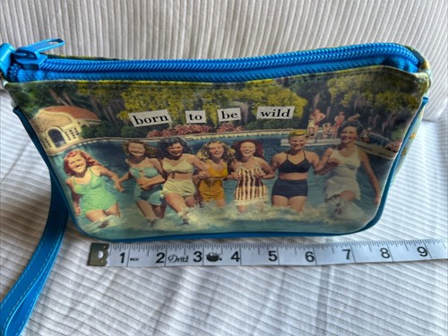 Anne Taintor BORN TO BE WILD Wristlet Blue Yellow 7.5x5 Cosmetics Makeup Bag - Picture 15 of 17
