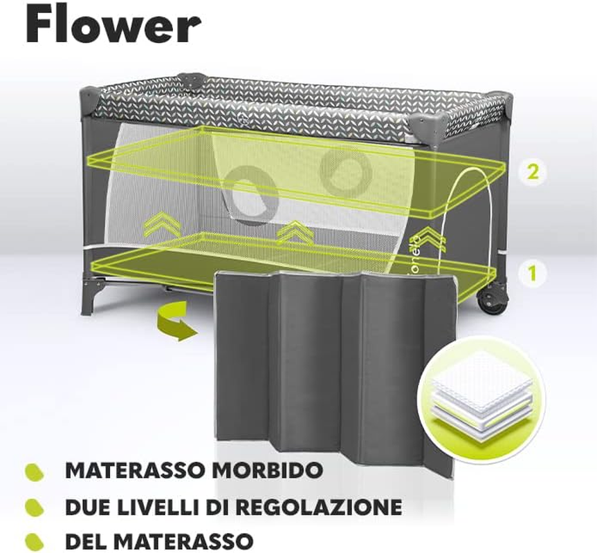 Lionelo Flower 2in1 - Lettino Da Campeggio Pieghevole Con Fasciatoio, Per Neonati Fino 15 Kg