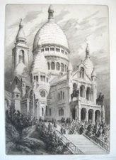 Etching : "Basilique Sacre Couer" Paris / signed, unreadible, "CP" embossed logo