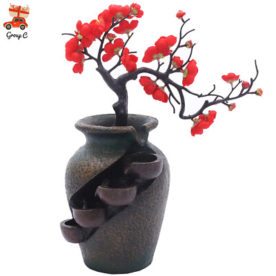 Flower Vase Waterfall Fountain Tabletop Indoor FengShui Water Fountain Decor US