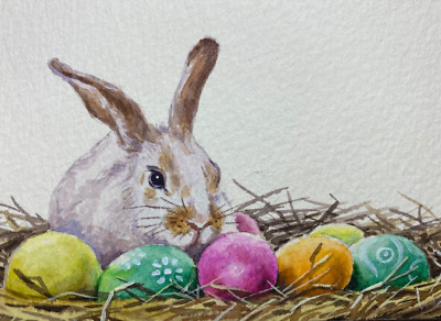Watercolor Painting Easter Bunny or Rabbit Eggs ACEO Art No.296