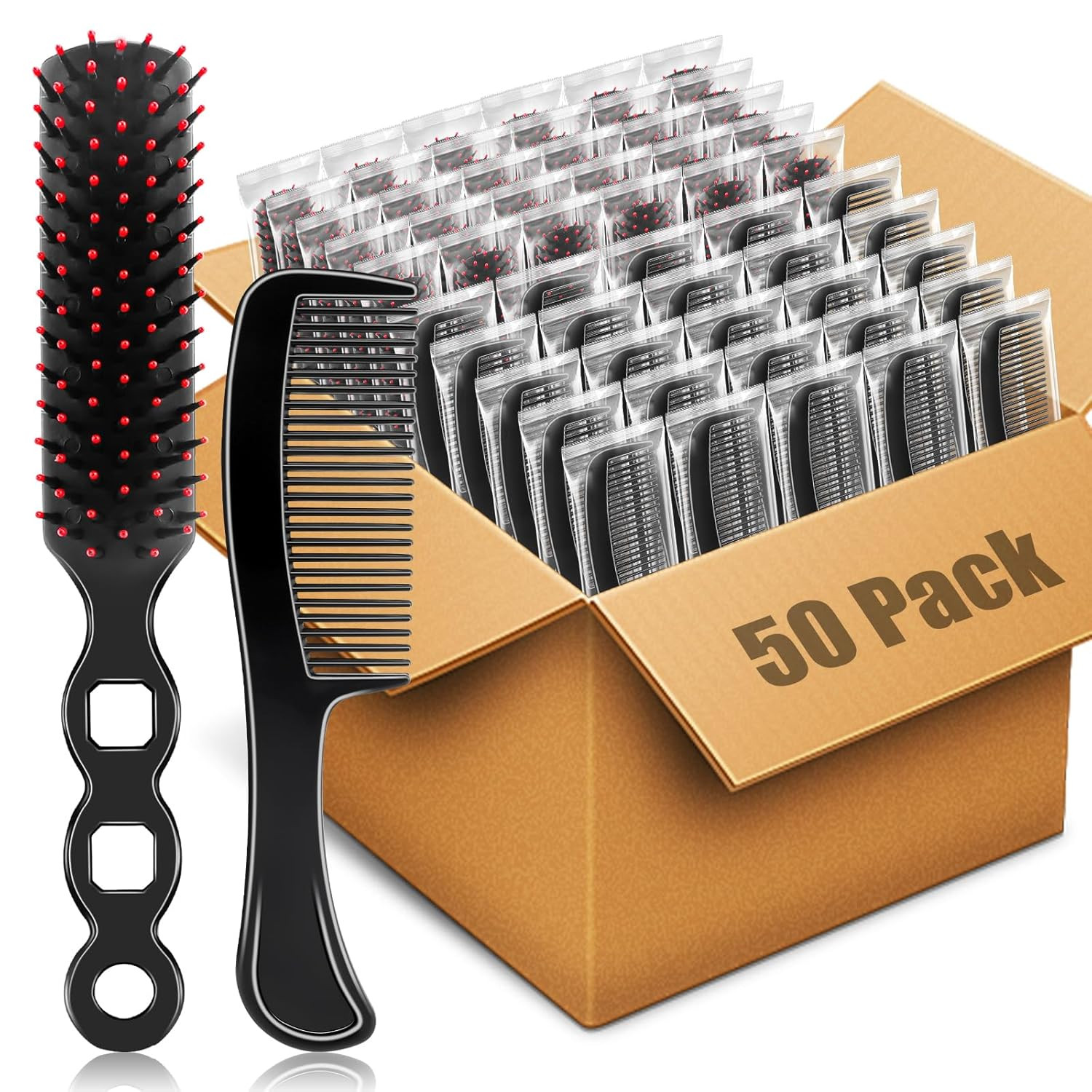 50 Pcs Bulk Hair Brushes Combs Set for Homeless Women, Individually Wrapped Deta