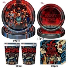 Stranger things party supplies with plates cups napkins and Birthday Tablecloth