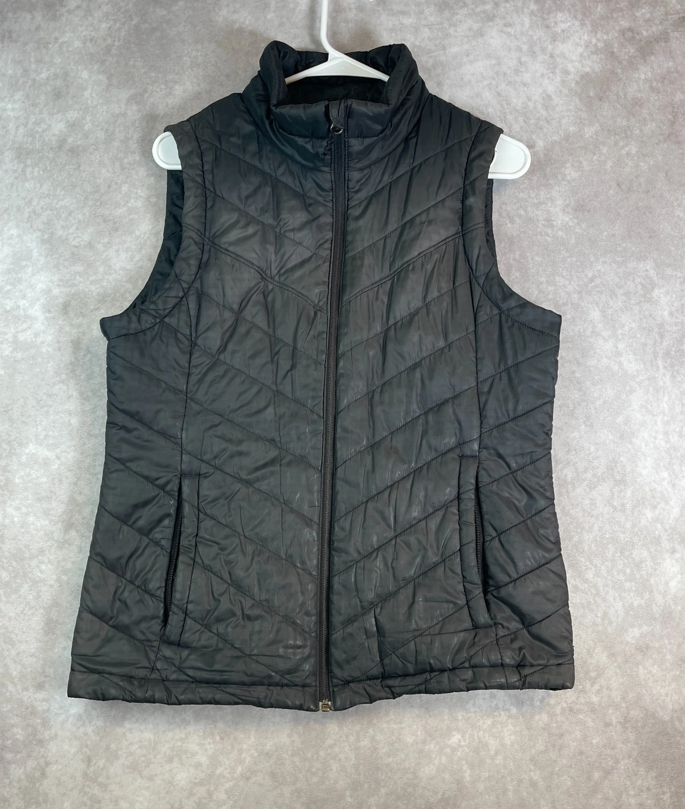 Columbia Down Vest Mens Medium Omni Heat Puffer Black Full Zip Up Hiking Outdoor