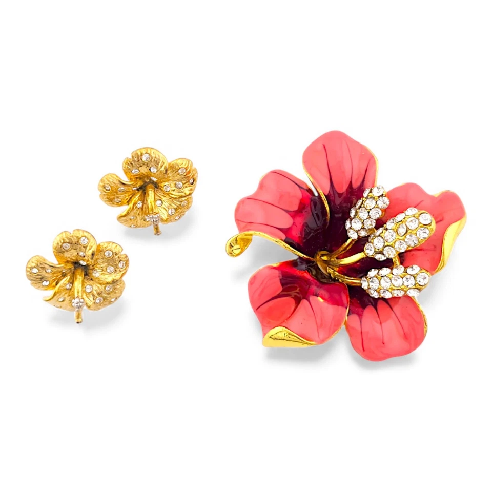 Винтажный тропический цветок брошь серьги комплект золотистый со стразами эмаль гибискус🌺 - Изображение 3 из 4