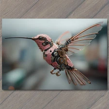 Art Print Pink Robotic Hummingbird Steampunk Copper Gear Wings Futuristic Flyer