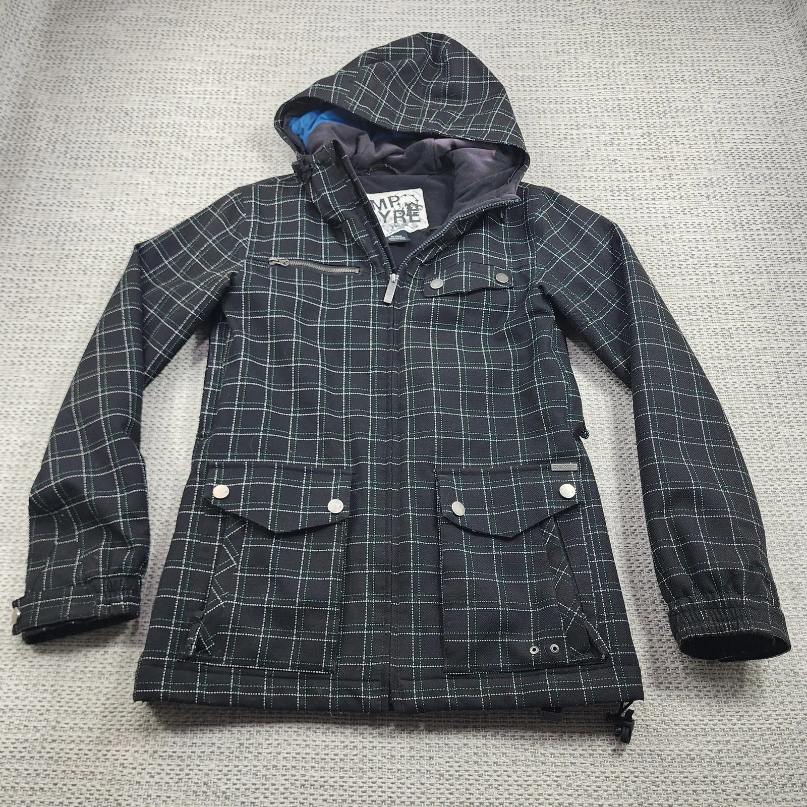 Empyre Jacket Womens Small Black Plaid Snowboard Ski Hooded Powder Skirt Vented