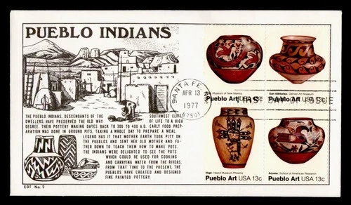 DR WHO 1977 FDC INDIAN PUEBLO ART POTTERY BLOCK EDT CACHET M75303