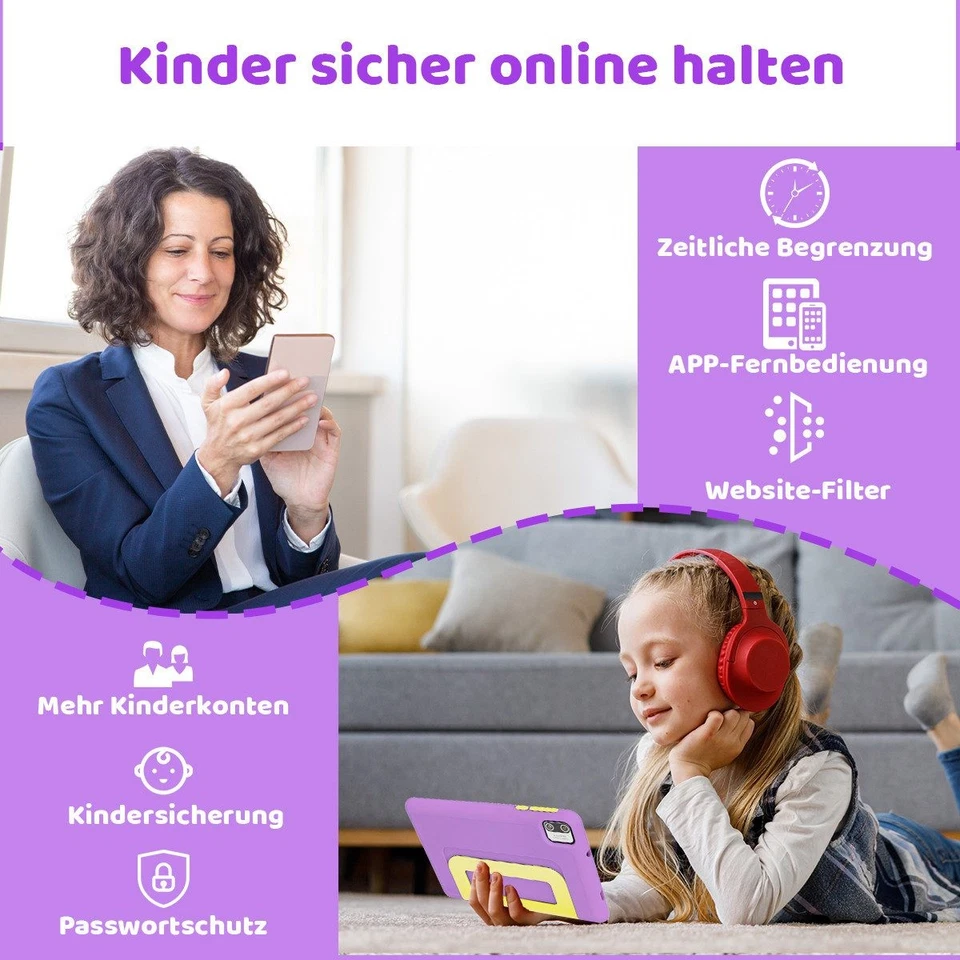 7 Zoll 8GB RAM+64GB ROM+128GB erweiterbar Android 13 WiFi Kinder Tablet Lila - Bild 4 von 4