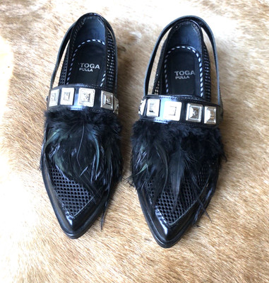 Toga Pulla Black sheer Feather Embellished leather loafers Shoes size 38 