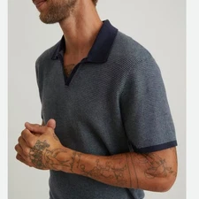 Marine Layer Liam Textured Blue Striped Polo Sweater Shirt Size M