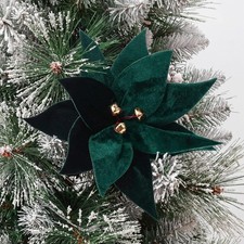 12 Pcs 12" Green Velvet Christmas Poinsettia Flower with Clip Stem